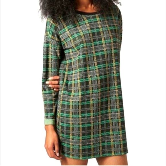 TOPSHOP Womens Mini Dress Tartan Green Yellow Plaid Long Sleeve Shift 4 - Picture 1 of 8